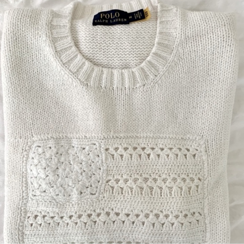 Ralph Lauren American Flag White Sweater Iconic Crew Neck